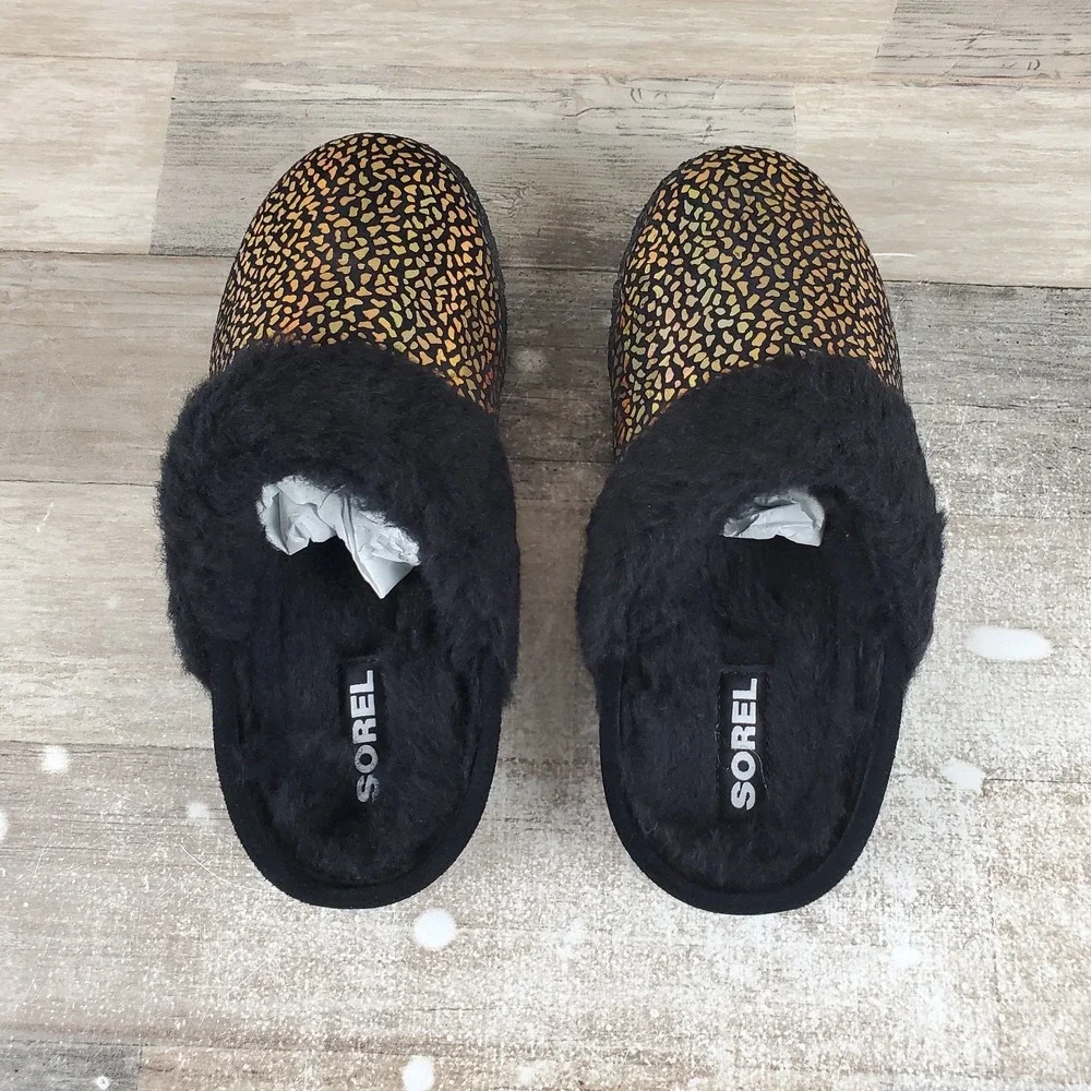 SOREL Nakiska Slide II Kids Slipper Sz 4 Black Metallic Star Slip On Round Toe